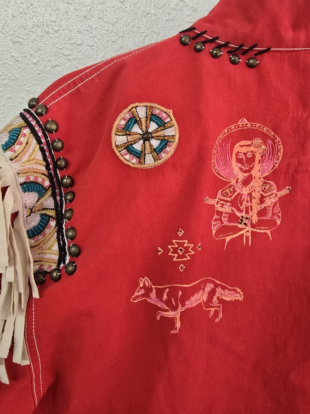 Double D Ranch Red Beaded Fringe Western Pictograph Zip Jacket Size 1X - Picture 11 of 15